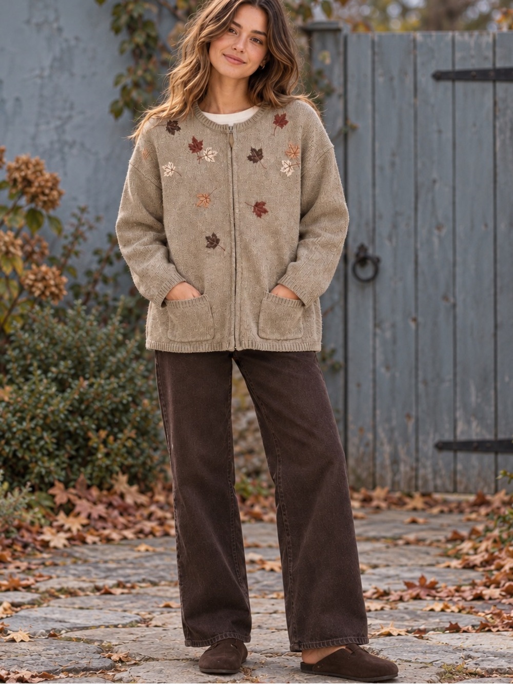 Vintage Fall Knit Cardigan Embroidered Leaf Large Croft & Barrow